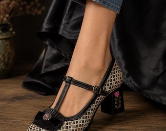 Echtes Leder Stoff Mary Jane Heels | Vintage Schuhe mit Blockabsatz und Riemchen