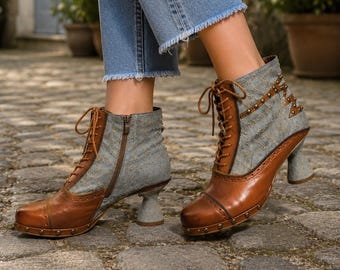 Handmade Leather Victorian Ankle Boots, Artisan Steampunk Boots for Women, Vintage Lace Up Booties, Sculpted Heel Leather Shoes