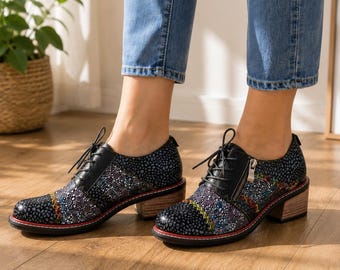 Handmade Leather Oxford Shoes for Women, Artisan Lace Up Shoes, Comfortable Low Heel Leather Shoes, Unique Office Shoes