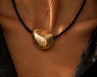Gold Statement Necklace | Sculptural Gold Pendant | Black Cord Necklace | Minimalist Modern Jewelry | Organic Pendant | Gift for Her
