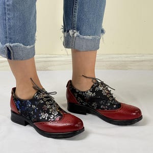 Handpainted Floral Wingtip Oxford Shoes Leather  Fabric Blend Women’s Vintage Lace-Up Brogues with  Chunky Heel  Unique Artistic Footwear