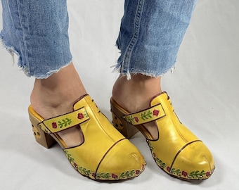 Women Bohemian Floral Block Heel Clogs Hand-Painted Colorful Studded Exotic Artisan Footwear Boho Chic Shoes