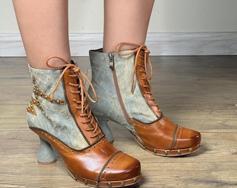 Vintage-Inspired Leather & Fabric Ankle Boots - Retro Brown Lace-Up