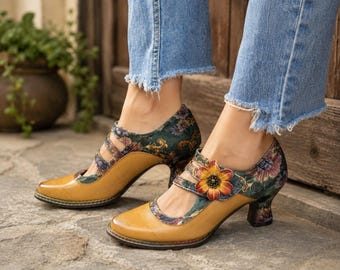 Handmade Tan Leather Mary Jane Heels for Women, Floral Vintage Pumps, Genuine Leather Artisan Shoes, Cottagecore Mid Heel Shoes