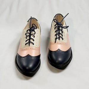 Handmade Leather Two-Tone Pink & Blue Oxford Shoes for Women