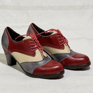 Women Handcrafted Leather Oxford Shoes | Red & Grey Patchwork Block Heel Lace-Up Pumps | Vintage Style Unique Color Blocking