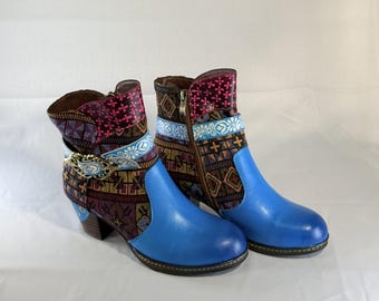 Handpainted Blue Leather Ankle Boots: Bohemian Buckle Detail