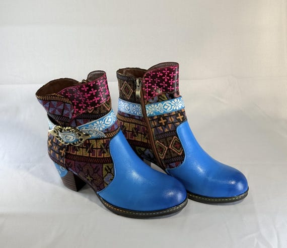 Handpainted Blue Leather Ankle Boots: Bohemian Buckle Detail