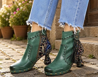 Handmade Green Leather Ankle Boots for Women, Artisan Floral Heel Boots, Genuine Leather Booties, Boho Mid Heel Boots