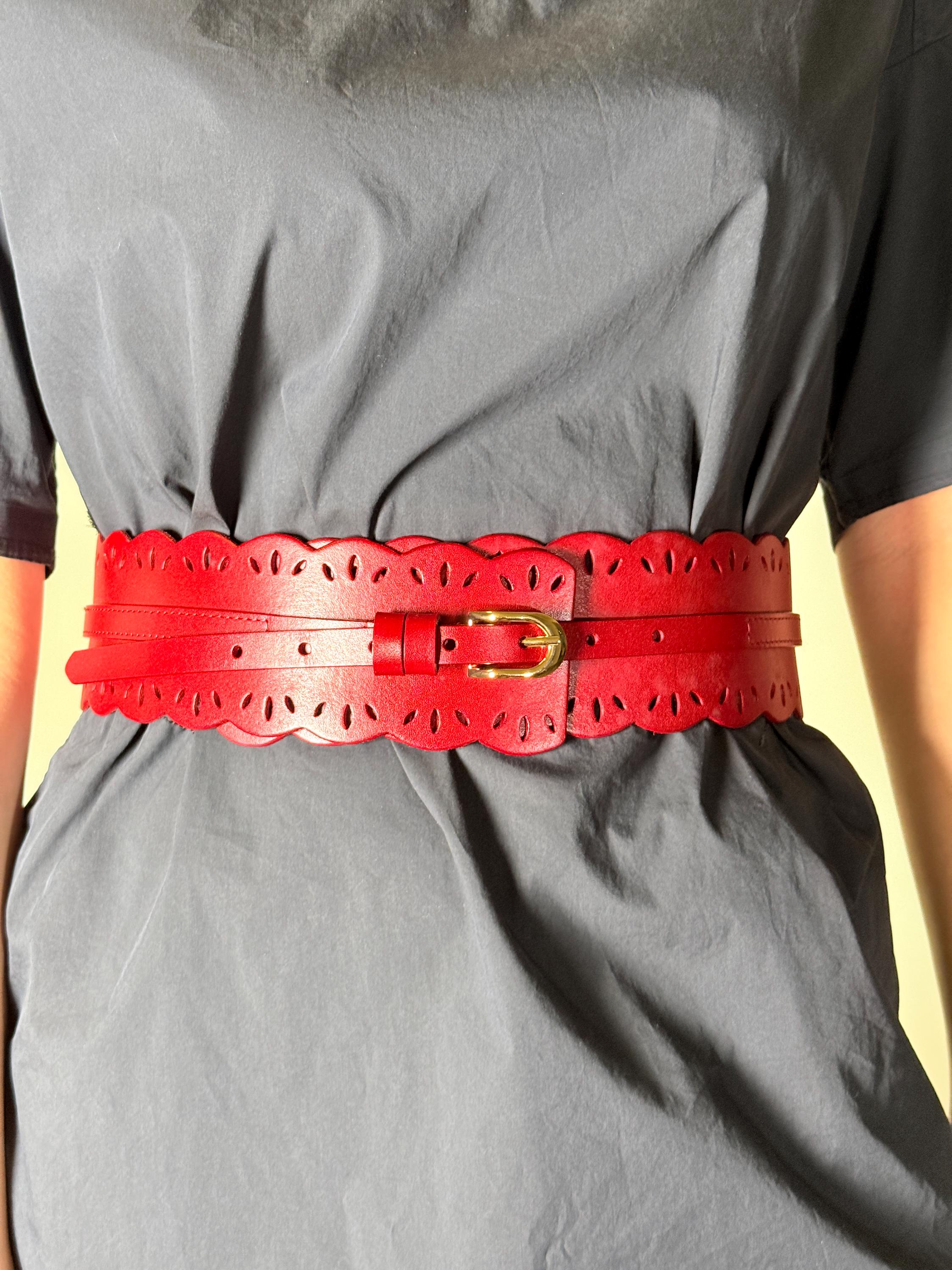 Wide Leather Waist Belt: Laser-cut Design, Adjustable - Red 