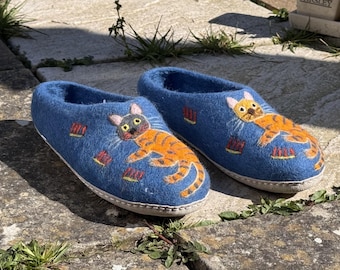 Handmade Blue Wool Felt Slippers | Embroidered Cat House Shoes | Cozy Non-Slip Indoor Footwear