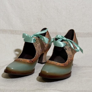 Hand-Painted Leather Mary Janes: Chunky Heel, Satin Lace-Up Shoes