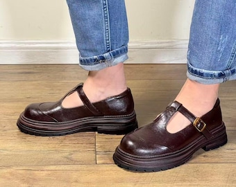 Women Vegan Leather T-Strap Mary Janes, 3cm Platform Shoes