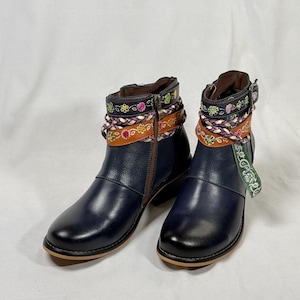 Handmade Navy Blue Leather Ankle Boots - Bohemian Floral Embroidery Women’s Ankle Boots, Artisan Crafted Boho Ankle Booties