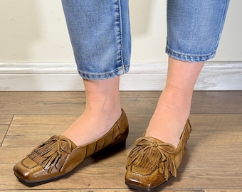 Leather Tassel Loafers Women Black Tan | Fringe Bow Square Toe | Handcrafted Artisan Shoes Low Heel