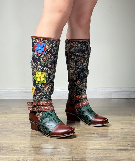 Boho Floral Fabric Leather Knee-high Boots 3cm Heel