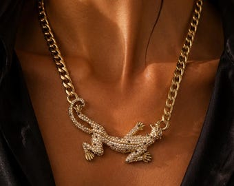 Gold Leopard Necklace | Crystal Leopard Pendant | Chunky Gold Chain Statement Necklace | Animal Jewelry | Luxury Gift for Her