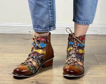 Handcrafted Patchwork Leather Ankle Boots: Retro Boho Lace-Up Booties