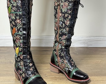 Handmade Tapestry Leather Boots for Women – Artistic Knee High Lace Up Boots – Wearable Art Statement Footwear