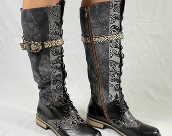 Artisan Tall Lace-Up Boots – Gothic Floral Knee High Boots – Victorian Inspired Lace Boots – Boho Leather Boots – Alternative Fashion Boots