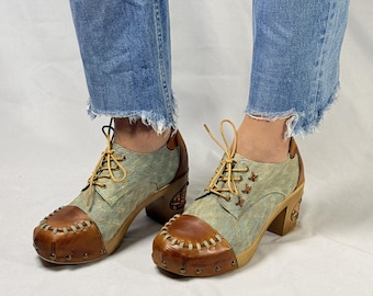 Handmade Leather  Fabric Oxford Pumps for Women Studded Lace-Up Block Heel Shoes