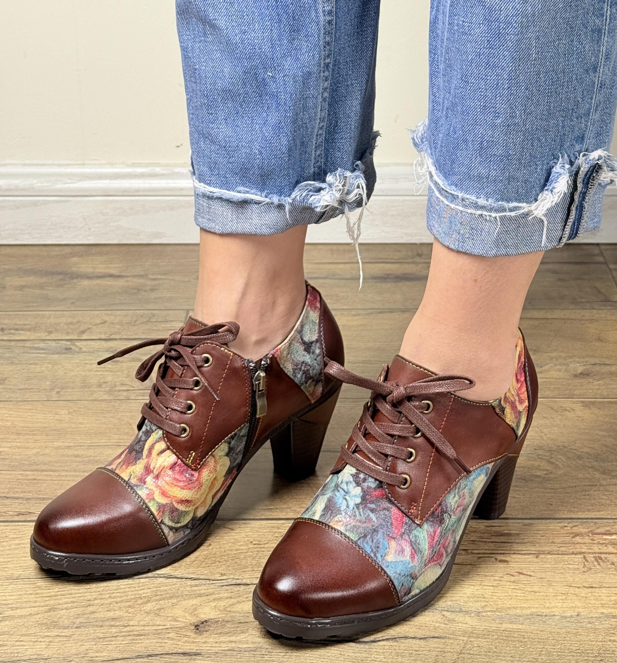 Vintage Floral Oxford Shoes: Two-tone Leather 6cm Block Heel 