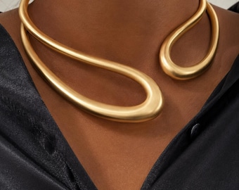 Gold Sculptural Choker Necklace, Silver Statement Collar Necklace, Modern Minimalist Collar, Abstract Open Choker, Chunky Designer Jewelry