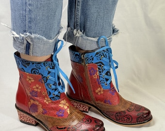 Red Floral Leather Ankle Boots: Two-Tone Lace-Up Boho Booties