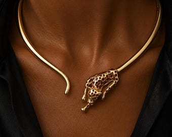 Gold Leopard Choker Necklace | Red or Black Crystal Panther Collar | Statement Animal Necklace | Sculptural Gold Choker | Gift for Her
