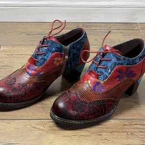 Red Leather Oxford Shoes: Floral Embossed Two-Tone Chunky Heel