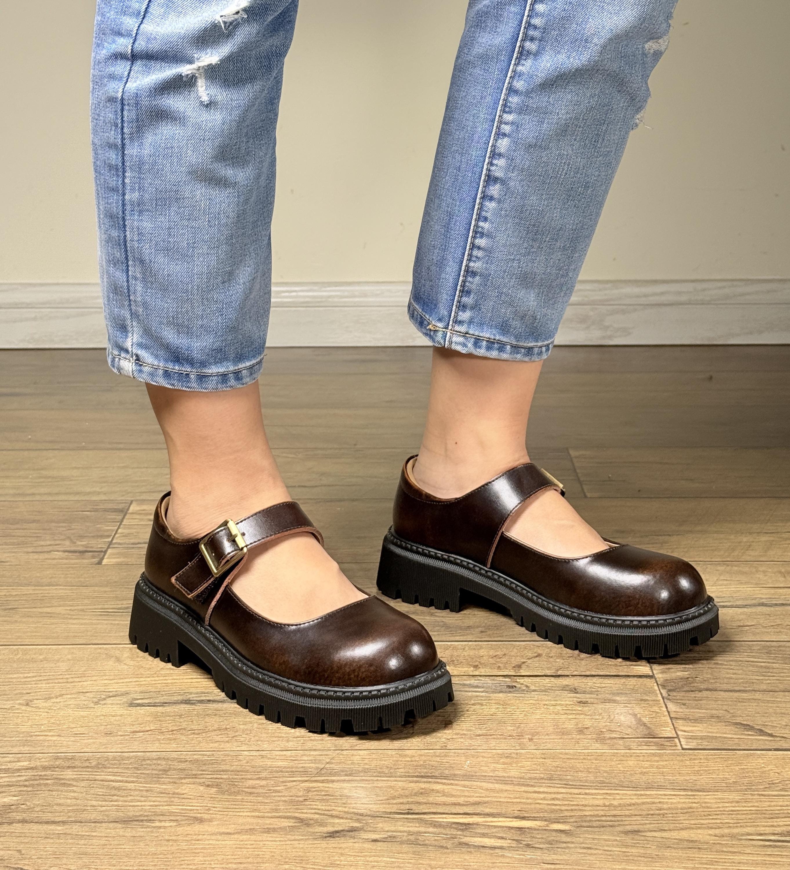 Women Vintage Brown Mary Jane Shoes  Chunky Lug Sole  Retro School Shoes  Comfort Walking Mary Janes  90s Platform Shoes