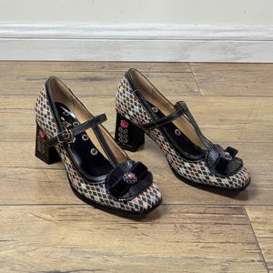 Vintage T-Strap Mary Janes: Leather & Fabric Chunky Heel Pumps