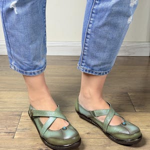 Womens Genuine Leather Sage Green Mary Jane Flats | Embossed Floral Cross Strap Comfort Shoes 41 EU women's