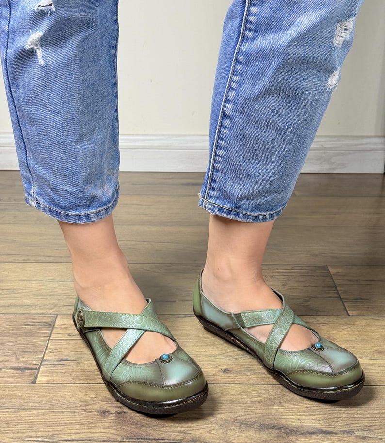 Womens Genuine Leather Sage Green Mary Jane Flats | Embossed Floral Cross Strap Comfort Shoes 41 EU women's