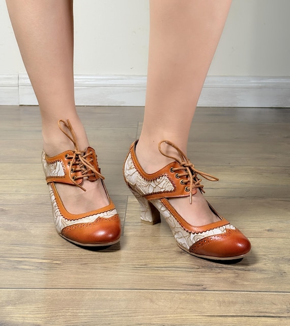 Vintage-inspired Brown Leather Mary Jane Heels: Lace-up Ankle
