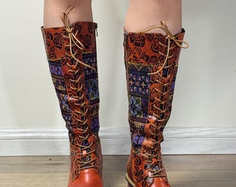 Rust Patchwork Leather Knee High Boots 3cm | Lace Up Boho Folk Floral Tall Boots