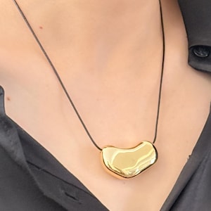 Gold or Silver Bean Charm Necklace, Polished Bean Pendant, Wax Rope Chain, Minimalist Dainty Jewelry, Everyday Necklace Gift for Her