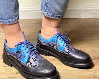 Black Leather Brogue Oxford Shoes Blue Floral | Fabric Panel Lace Up Women | Artisan Handcrafted Statement Shoes