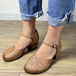 Vintage Mary Jane Shoes - Beige Leather Hollow Cut Block Heels, 4cm Retro Chunky Heel, Classic Buckle Strap, Timeless Women’s Footwear