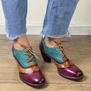 Blooms & Heights: Women Hand-Painted Leather Oxford Shoes with Multi-Colored Floral Block Heels