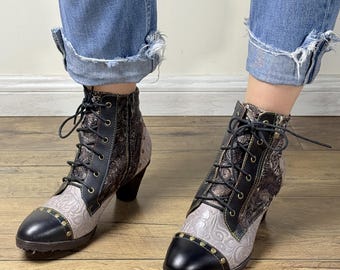 Women’s Studded Two-Tone Lace-Up Ankle Boots – 5cm Chunky Heel – Printed Leather Vintage Style