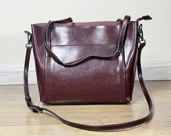 Red Leather Tote Bag | ANGELA Detachable Strap, Laptop Bag