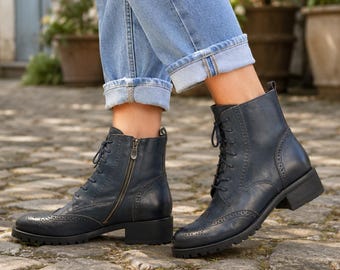 Women’s Leather Lace Up Ankle Boots, Handmade Brogue Combat Boots, Vintage Oxford Style Boots, Side Zip Leather Booties, Black Navy Tan