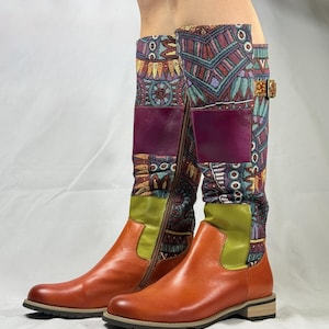 Women's Hand-Painted Leather & Fabric Knee-High Boots, Boho Exotic Flat Heel Boots, Side Zip Long Boots, Unique Artisan Footwear
