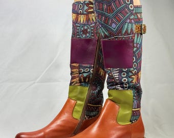 Handmade Leather Mid Calf Boots for Women – Colorful Boho Tapestry Boots – Artisan Leather Boots – Unique Patchwork Fashion Boots