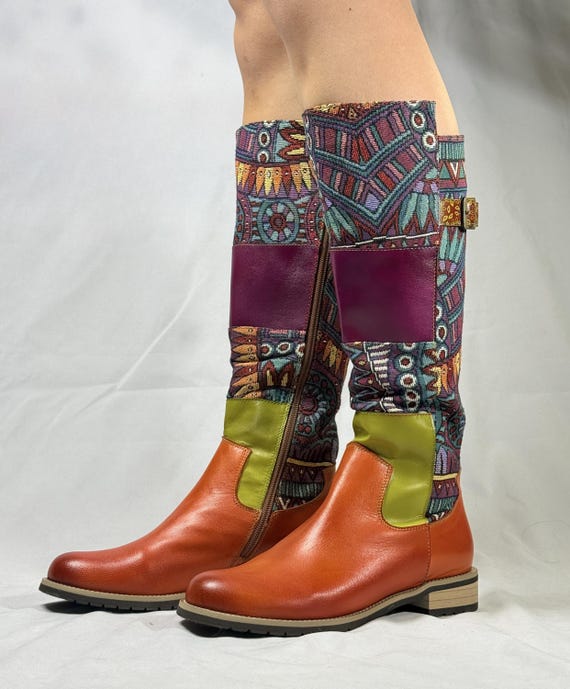 Hand-Painted Leather Knee-High Boots: Boho Artisan Footwear