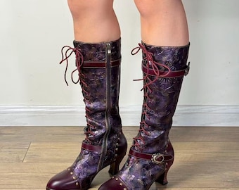 Embossed Real Leather Victorian Boots: Wine Red Lace-Up Gothic Heel