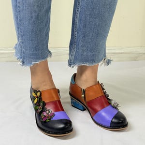 Handmade Colorful Patchwork Leather Oxford Shoes  Side Zip, 3cm Block Heel - Boho Artisan Footwear