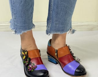 Handmade Colorful Patchwork Leather Oxford Shoes  Side Zip, 3cm Block Heel - Boho Artisan Footwear