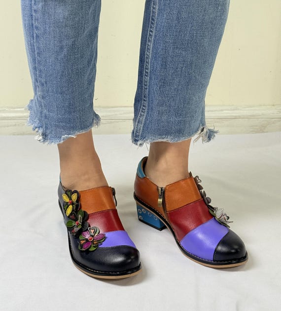 Handmade Colorful Patchwork Leather Oxford Shoes  Side Zip, 3cm Block Heel - Boho Artisan Footwear